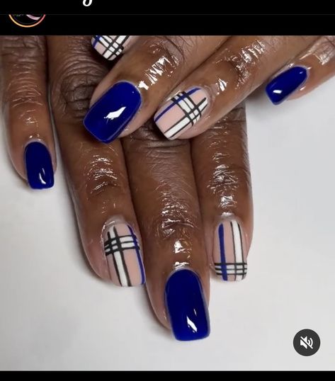 Blue Plaid Nail Designs, November Short Nails, Blue Fall Nails Designs, Dope Blue Nails, Denim Blue Nails, Pedicure Room, Fierce Nails, Burberry Nails, Plaid Nail Designs