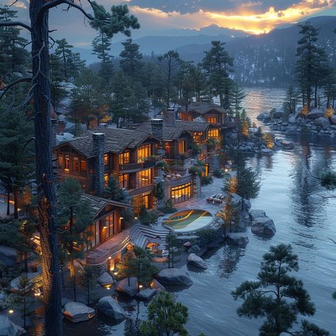 Indulge in tranquil lakeside living at this 11,000 sq ft Rustic Lakefront Lodge in Lake Tahoe. With 5 bedrooms and a captivating outdoor space, immerse yourself in nature's harmony. Envision gathering with loved ones as the sun sets behind the mountains in this serene retreat. Share your lakeside aspirations below! 🌅🏞️ #RusticElegance #LakeTahoeRetreat #LakefrontLiving #dreamhomeinspiration #luxuryliving #luxurydesign Nature, Mansion In Mountains, Woodland Landscaping, Mountain Mansion, Colorado Cabin, Living Architecture, Lakeside Village, Lakefront Living, Lakeside Living