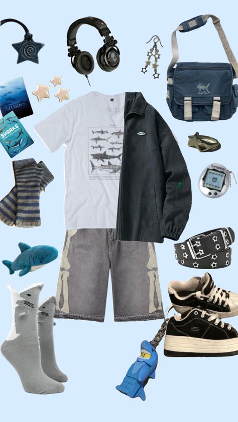 #art #vibes #outfitinspo #outfit #outfitideas #outfitidea #shark #sharks #sharkboy #sharkoutfit #fit #fitinspo #blue #aesthetic #blueaesthetic #sharkaesthetic #grey #greyaesthetic Blue Shark Aesthetic, Shark Clothes, Silly Clothes, Blue Shark, Funky Outfits, Cool Fits, Swaggy Outfits, Blue Outfit, Dream Clothes