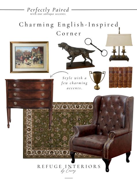 Charming English-Inspired Corner — Refuge Interiors by Casey British Country Home Interiors, English Cottage Bedroom Furniture, Antique Equestrian Decor, English Lodge Decor, Equestrian Office Ideas, English Country Hallway, Ralph Lauren Family Room, Ralph Lauren Living Room English Country, Country Club Decor Style