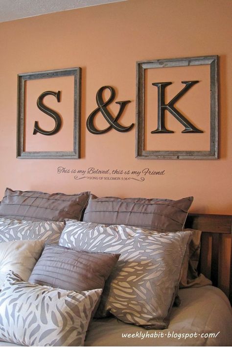 Love this idea. Initials framed above the bed. Master Bedding, Home Design Decor, Cheap Home Decor, My New Room, Design Layout, Handmade Home, Diy Wall Decor, First Home, My Dream Home