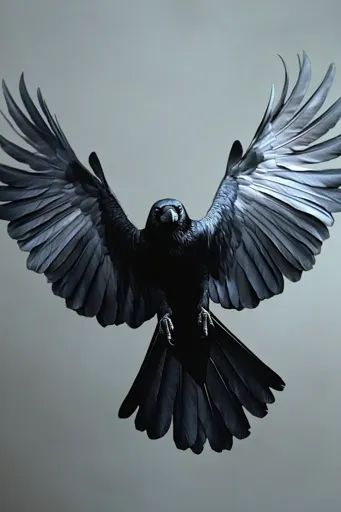 ↑↑↑ Larger size on website 🔸 A black crow with its wings spread wide is in flight. The crow is facing the camera with its sharp e Crow Wing Reference, Crow Front View, Crow Landing, Crow On Shoulder, Crows Wings, Crow Eye, Aesthetic Crow, Drum Decoration, Crow In Flight