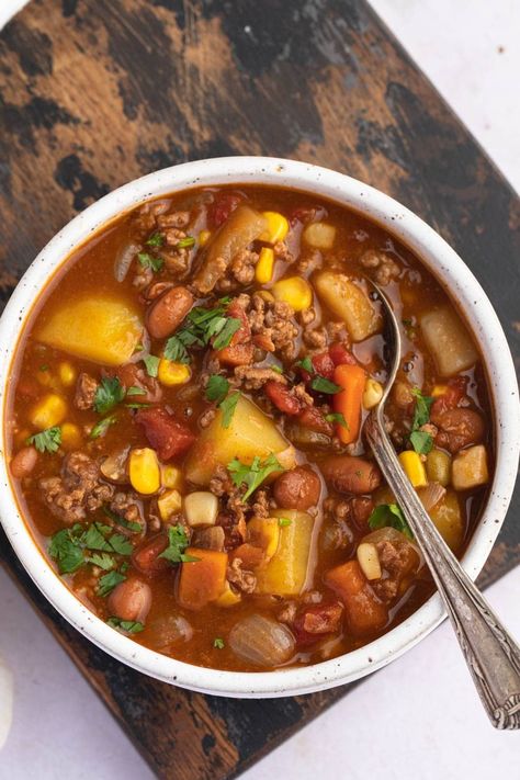 Cowboy Soup Cowboy Soup Recipe, Cowboy Soup, Ground Beef Soup, Beans And Tomatoes, Soup With Ground Beef, Homemade Beef, Beef Soup, Frozen Corn, Mixed Vegetables