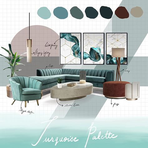 Turquoise Mood Board, Luxe Color Palette, Turquoise Palette, Interior Design Presentation Boards, Design Diagram, Turquoise Room, Materials Board Interior Design, Mood Board Interior, 포트폴리오 레이아웃