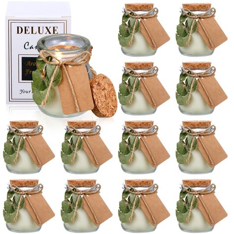 PRICES MAY VARY. Glass Jar Candles: you will receive 12 sets of gift candles for women, including 12 pieces of candles, 12 cards, 12 dry green leaves and 1 twine rope; This complete combination covers your needs for decoration, sharing or sending gifts Quality and Safe Material: the jar candle is made of soybean wax and cotton core, added with a small amount of essential oil, the material is safe, reliable, refreshing and long lasting fragrance, making people feel comfortable and pleasant Portab Bridal Shower Take Home Gifts, Bridal Shower Gift For Guests, Gifts For Large Groups Of People, Retirement Favors For Guests, Fall Wedding Shower Favors, Bridal Shower Gifts For Guests, Bridal Shower Favors For Guests, Rustic Party Favors, Fragrance Making