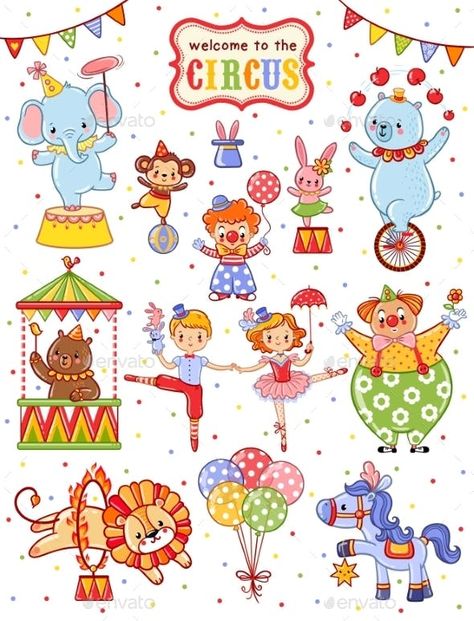 Cute Vector Collection Of Circus. - Backgrounds Decorative Circus Clipart, Circus Illustration, Clown Cake, Cute Vector, Circus Animals, Circus Clown, Birthday Cupcake, Circus Theme