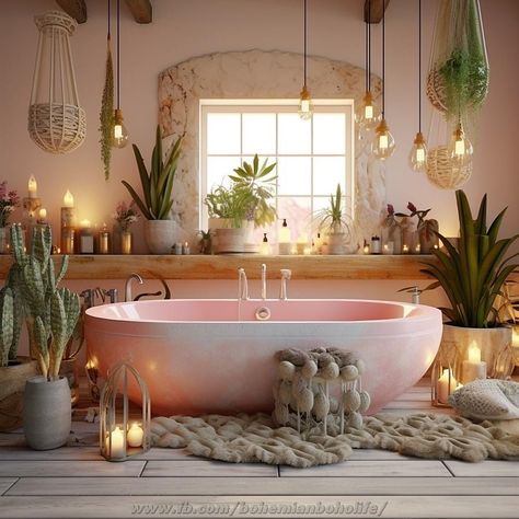 Pink Earthy Bathroom, Pink Spa Bathroom Ideas, Pink Bathtub Bathroom Ideas, Tiny Home Maximalist, Pink Bathtub Aesthetic, Fairy Core Bathroom, Dreamy Bathtubs, Pink Earthy Aesthetic, Fairycore Bathroom