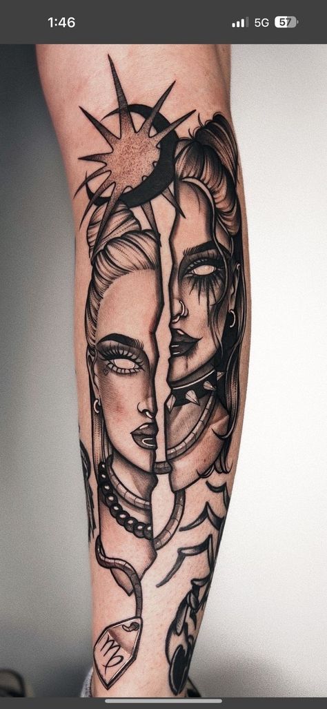 Sweet idea! Crazy Leg Tattoos, Good And Bad Tattoos, Arm Flash Tattoos Women, Front Throat Tattoo Ideas, Better Half Tattoo, Unique Soul Tattoo, Female Gargoyle Tattoo, Small Under Eye Tattoos For Women, Tattoos Of Faces For Women