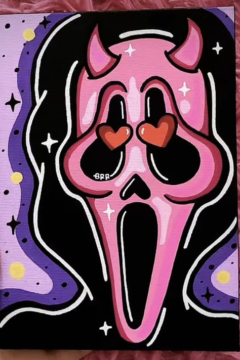 Paint Pen On Canvas, Posca Drawing Ideas Aesthetic, Devil Ghostface, Ghostface Painting, Pink Ghostface, Baddie Paintings Canvas, Avengers Painting, Happy Spooky Season, Halloween Canvas Art