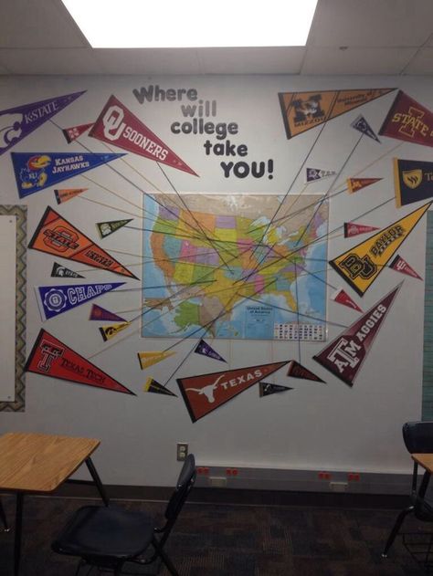 Awesome way to display college pennants. College Theme Classroom Door, Classroom Decor College Theme, College Display Board Ideas, College Themed Classroom, College Theme Classroom, Career Center Decor Ideas, College Pennant Display, Avid Classroom Decorations, College Bulletin Board