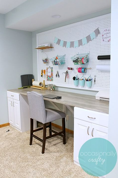 Whether you have room for a small or large pegboard, follow this easy tutorial to make your own pegboard for organization! Giant Pegboard, Diy Crafts Desk, Large Pegboard, Craft Table Diy, Small Craft Rooms, Sewing Room Design, Stock Cabinets, Dream Craft Room, Craft Room Design