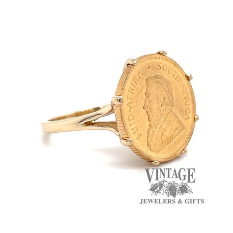 With this ring, the wearer will have a stylish and transportable currency at their disposal. The easily traded 1/10 ozt. gold krugerrand bullion coin can be used for emergency funds worldwide. The coin is mounted in the ring with 8 prongs above a 14k yellow gold split shank with wire trimmed gallery. The ring is size 6.25. Emergency Funds, Coin Jewellery, Gold Coin Ring, Coin Rings, Coin Design, Bullion Coins, Gold Bullion, Krishna Wallpaper, Coin Ring