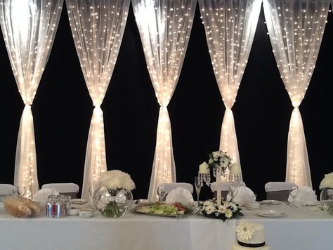 BACKDROP Wedding Party Table, Head Table, Twinkle Lights, Wedding Planners, Here Comes The Bride, Reception Decorations, Wedding Backdrop, The Table, Future Wedding