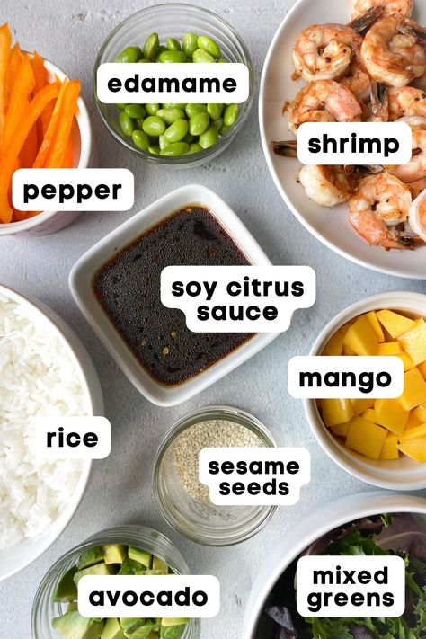 Shrimp Bowl Sauce, Prawn Poke Bowl Recipe, Homemade Poke, Build Your Own Poke Bowl Party, Prawn Poke Bowl, Home Made Poke Bowl, Mango Poke Bowl, Shrimp Poke Bowl Sauce, Poke Rice Bowl Recipe