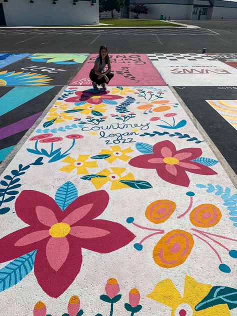 Painted Parking Lot Spots, Senior Parking Spaces Floral, Ceiling Tile Ideas Painting School Easy, Floral Parking Spot Painting, Floral Senior Parking Spot Painting, Senior Parking Spaces Flowers, Senior Ceiling Tiles, Flower Senior Parking Spots, Senior Tile Ideas Art