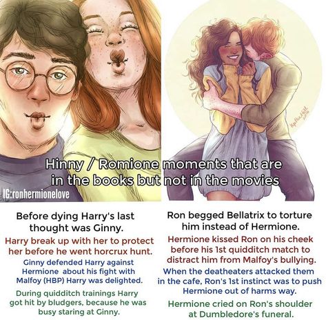 Hermione X Ron Fan Art, Ron And Hermione Book Moments, Hinny Fan Art Cute, Hinny Books Moments, Hinny Fan Art Comics, Hinny Headcannons Kiss, Book Harry Potter Fanart, Harry And Ginny Book Moments, Harry Potter Book Fanart