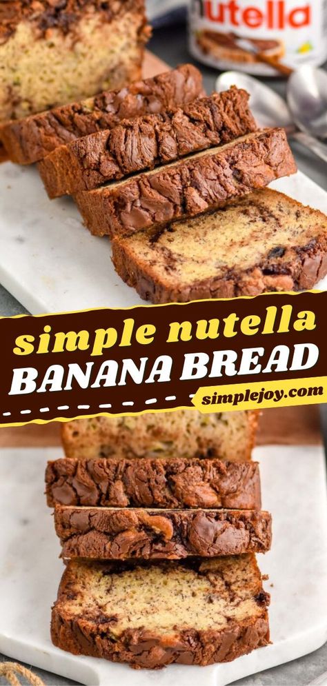 Add a twist to your classic banana bread with this Nutella Banana Bread Recipe! Everyone will love this easy holiday baking recipe. Nutella and Banana are the perfect combinations! Add this recipe to your holiday brunch menu ideas! Nutella Banana Bread Muffins, Banana Bread Recipe With Nutella, Nutella Banana Bread Recipe, Banana Bread Nutella, Banana Bread With Nutella, Nutella And Banana Recipes, Banana Bread With A Twist, Nutella Banana Boats, 4 Banana Bread Recipe