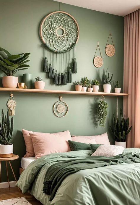 Girls Green Bedroom Ideas, Pink And Green Bedroom Aesthetic, Green Room Ideas Bedroom, Girls Bedroom Green, Kylie Bedroom, Sage Bedroom, Bed Inspo, Blush Bedroom, Natural Bedroom Decor