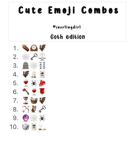 Goth Emoji Combos Gothic Emoji Combos, Scene Emojis Combo, Grunge Emojis Combos, Goth Emoji Combos, Goth Emojis, Grunge Emoji, Usn Ideas, Cute Emoji Combos, Symbols Aesthetic