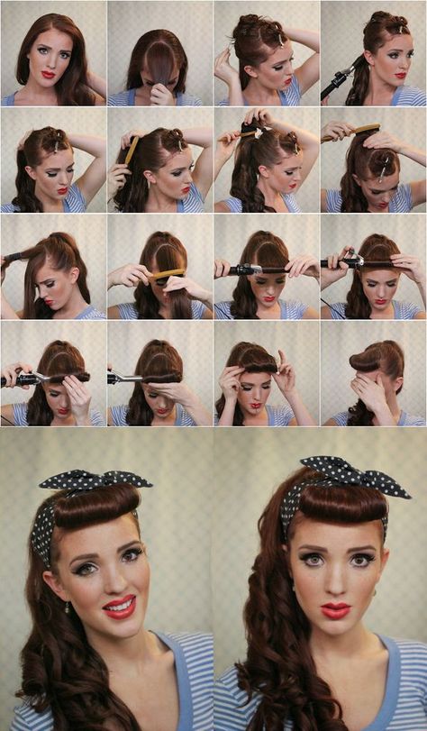 [Photo dump] - Rockabilly and 50s inspired fashion [and some links. yay!] - Album on Imgur Cabelo Pin Up, Retro Hairstyles Tutorial, Halloweenský Makeup, 50s Hairstyles, Super Easy Hairstyles, Rockabilly Hair, Long Hair Tutorial, Pin Up Hair, Hairstyle Gallery