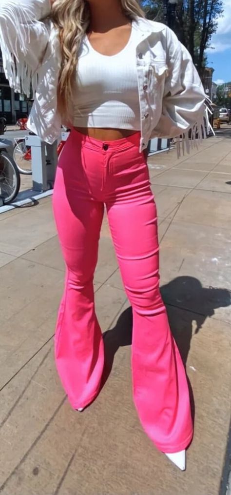 "NEON PINK FLARES| Disco Bell Bottoms| Barbiecore Pants| Girly Cowgirl Flares| Nashville Outfit| Disco Cowgirl| Stretchy High Waisted Pants| Dolly Vibes| Western Fashion The flare jeans of your dreams! These trendy flares offer a super stretch material for amazing comfort while still providing a durable, high quality material that smooth and contours to your body. Who knew trendy could be so comfortable!  DETAILS High waisted Zip and button closure Two functional back pockets Stretchy, comfort material Butt lifting detail Flare ankles SIZING INFO Very stretchy Inseam: 34\" Outseam: 33\" S: 0-4 M: 6-8 L: 10-12 XL: 14-16 MATERIAL AND CARE 76% Cotton, 20% Polyester, 4% Spandex See care label for washing instructions" Neon Pink Pants Outfit, Pink Nashville Outfit Winter, Pink Flare Jeans Outfit, Pink Disco Cowgirl Outfit, Neon Pink Outfit Ideas, Pink Rodeo Outfit, Sequin Bell Bottoms Outfit, Neon Cowgirl Outfit, Pink Bell Bottoms Outfit