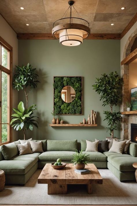 Minimalist decor focuses on simplicity, Green Wood Living Room Decor, Living Room Green Aesthetic, Texture Walls Living Room, Plant Room Design, Minimalist Living Room Colorful, Biophilic Design Interiors Living Rooms, Green Japandi Living Room, Earthy Living Room Color Scheme, Living Room Inspiration Paint Colors