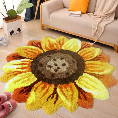 PRICES MAY VARY. Hand Tufted Gold Sunflower Rugs(Process) : They are pile rugs where the yarns are wrapped around the warp threads, but are not tied in a knot like hand knotted rugs are. Rather, the pile is secured in place by coating the back of the rug with a latex type adhesive. Usually a canvas backing is applied to the back of the carpet to create a finished look Soft and Durable :) This exquisite hand-tufted rug is durable with a gentle feel. A medium-thick pile in contrasting heights adds Sunflower Bedroom, Floral Bath Rugs, Sunflower Room, Bedroom Mat, Living Room Mats, Dripping Water, Bedroom Mats, Calm Nursery, Shaped Rug