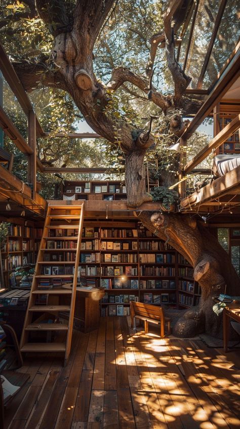 #library #treehouse #booklovers #dreamlibrary Inside A Tree House, Dream Home Library Aesthetic, House With Tree Inside, Home Libraries Ideas, Treehouse Aesthetic Inside, Tree Inside House, Tree In Room, Treehouse Library, Fantasy Interior Design