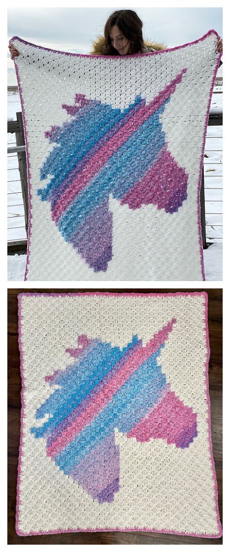 C2C Unicorn Dreams Blanket Free Crochet Patterns Crochet Unicorn Blanket, Crochet C2c Pattern, Zig Zag Crochet, C2c Crochet Pattern Free, Crochet Unicorn Pattern, Unicorn Blanket, Unicorn Pillow, Crocheted Blanket, C2c Crochet