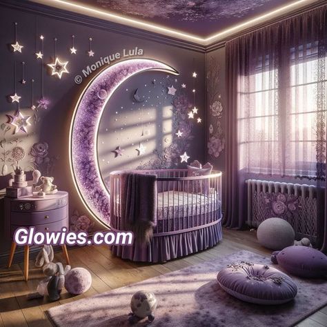 Moon Baby Nursery, Purple Baby Rooms, Purple Kids Room, Celestial Nursery, Monique Lula, Baby Grinch, Purple Nursery, Girl Nursery Themes