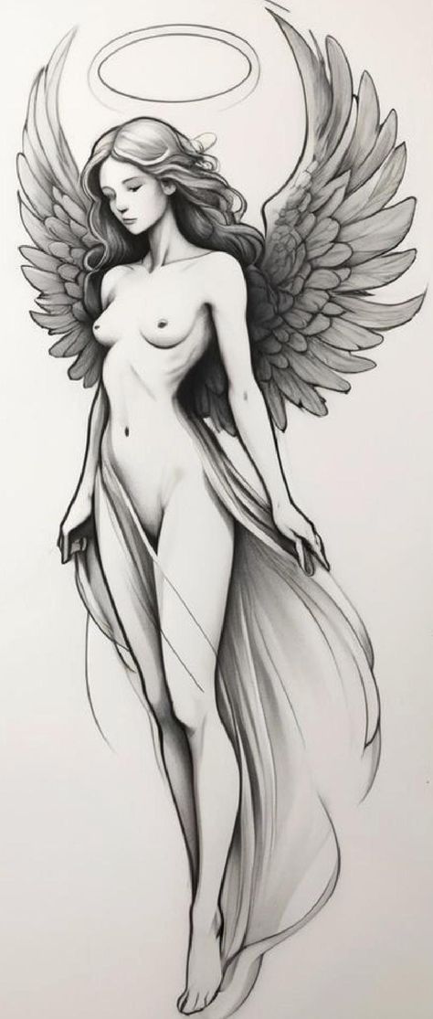 Nude Tattoo Ideas, Angel Sketch Tattoo, Nude Sketching Ideas, Girl Angel Tattoo, Angel Wings On Back Tattoo, Female Angel Drawing, Woman Face Tattoo Design, Angels Drawing Beautiful, Body Figure Sketch