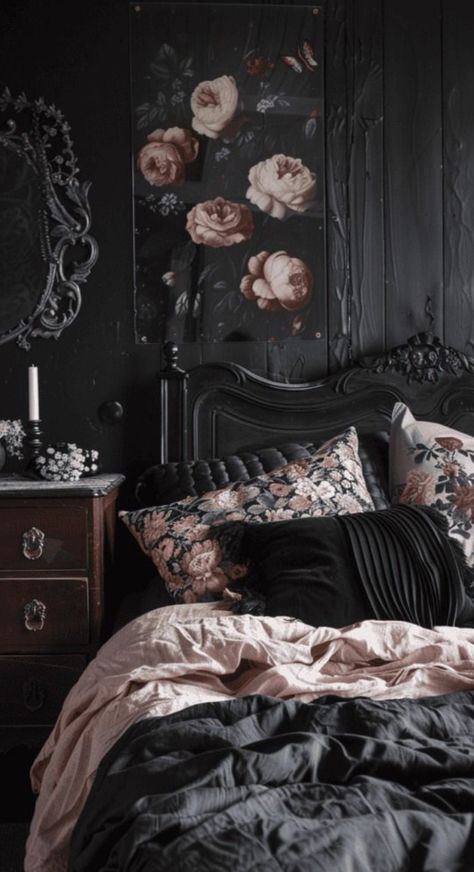 Black Room Ideas Bedrooms, Moody Bedding Sets, Moody Purple Bedroom, Extravagant Aesthetic, Dark Moody Bedroom Ideas, Moody Kitchens, Color Palette Decor, Moody Bedrooms, Red Mangrove