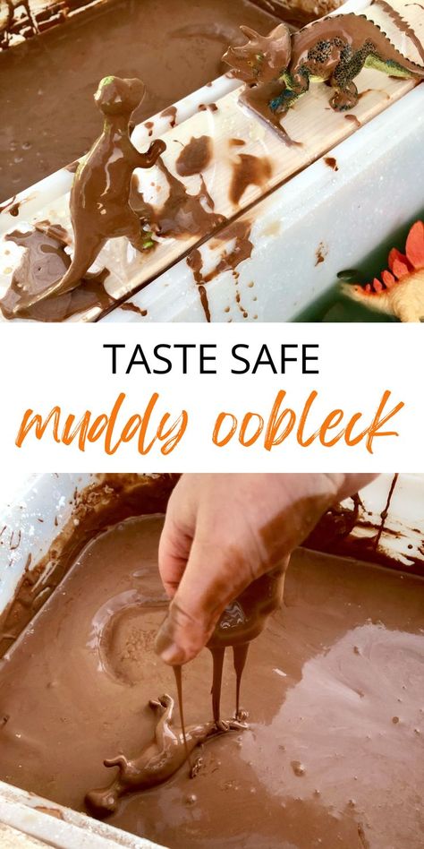 Taste Safe Mud Sensory, Montessori, Diy Mud Sensory Play, Taste Safe Mud Recipe, Muddy Animals Sensory, Sensory Mud Recipe, Chocolate Sensory Play, Cool Whip Sensory Play, How To Make Fake Dirt