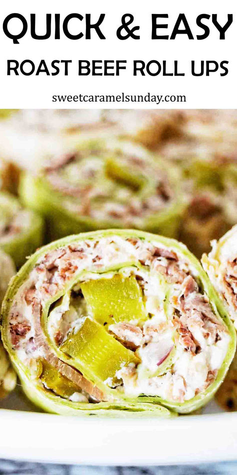 Green tortilla roll up with roast beef and pickle filling on white plate. Deli Roast Beef Appetizers, Roast Beef Tortilla Roll Ups, Roast Beef Wraps Cold, Deli Roast Beef Recipes Dinners, Recipes With Soft Tortilla Shells, Ham Tortilla Roll Ups, Pickle Tortilla Roll Ups, Party Roll Ups, Roast Beef Appetizers