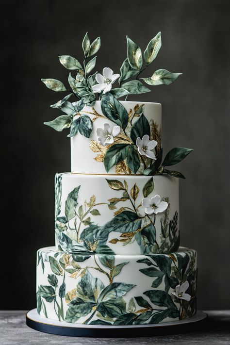 Wedding cake display. Hand-painted foliage on fondant, accented with gold leaf detailing.  Ready to take your wedding cake from traditional to trendsetting? Welcome to the awe-inspiring art of watercolor wedding cakes — a delightful blend of creativity, delectable taste, and color that promises to add an unforgettable touch to your special day. This is not just about picking a cake anymore, it’s…  Read more: https://tastywed.com/generated-post-26-stunning-watercolor-wedding-cake-design-inspirations/ Painter Cake, French Lace Wedding Dress, Watercolor Wedding Cake, Painted Wedding Cake, Cake Design Inspiration, Wedding Cake Display, Wedding Cake Design, Wedding Nail Art Design, Nail Art Wedding