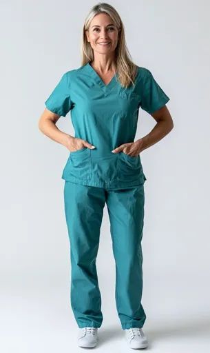 ↑↑↑ Larger size on website 🔸 A woman with long blonde hair is wearing teal scrubs and white sneakers. She is standing with her ha Teal Scrubs, Smiling Woman, Long Blonde, Long Blonde Hair, White Wall, White Sneakers, Scrubs, Blonde Hair, A Woman