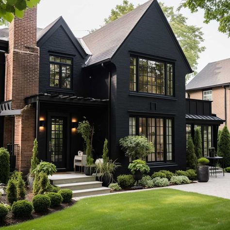 7+ Bold Exterior Brick Paint Color Ideas for Your Home • 333+ Images • [ArtFacade] Exterior Brick Paint Colors, Black Brick House, Black Exteriors, Black Home Exterior, Brick Paint Colors, Modern Tudor, Painted Brick House, Black Houses, Bg Design