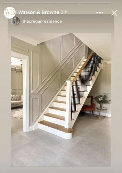 Stair Wall Wainscotting, Staircase Skirting, Stairway Pictures, Birmingham House, Wall Molding Living Room, Wall Molding Design, Staircase Landing, Staircase Wall Decor, Wainscoting Styles