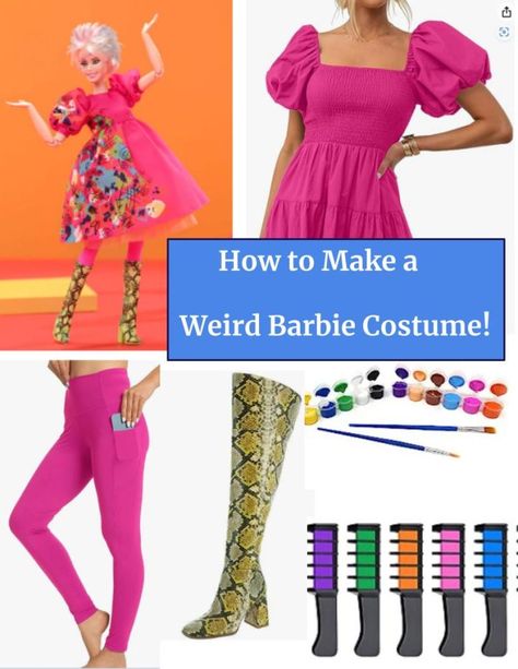 perfect weird barbie costume for Halloween parties! 1950s Barbie Costume, Weird Barbie Outfit Ideas, Weird Barbie Cosplay, Diy Plus Size Barbie Costume, Barbie Movie Costume Diy, Creepy Barbie Costume, Barbie Movie Barbies, Weird Barbie Costume Ideas, Modest Barbie Costume