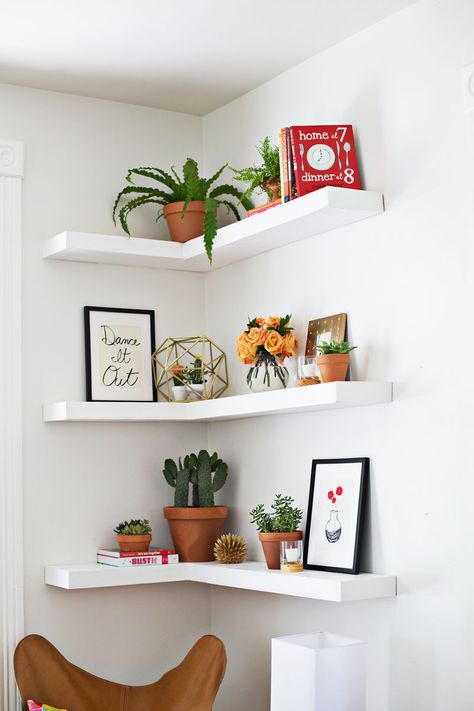 Float Shelf, Ikea Lack Shelves, Floating Shelves Bedroom, Floating Shelves Living Room, Floating Corner Shelves, Corner Wall Shelves, Floating Bookshelves, Apartment Diy, Room Corner