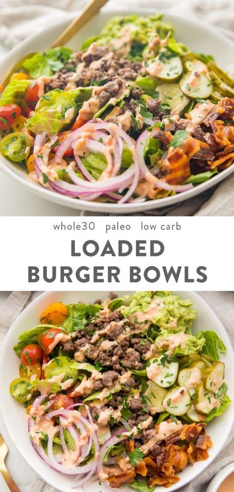 Loaded Burger Bowls with "Special Sauce" (Whole30, Paleo, Low Carb) - 40 Aprons Lettuce Wrap Burger, Loaded Burger Bowls, Wrap Burger, Loaded Burger, Lettuce Wrapped Burger, Quick Guacamole, Burger Bowls, Low Carb Burger, Boiled Egg Diet Plan