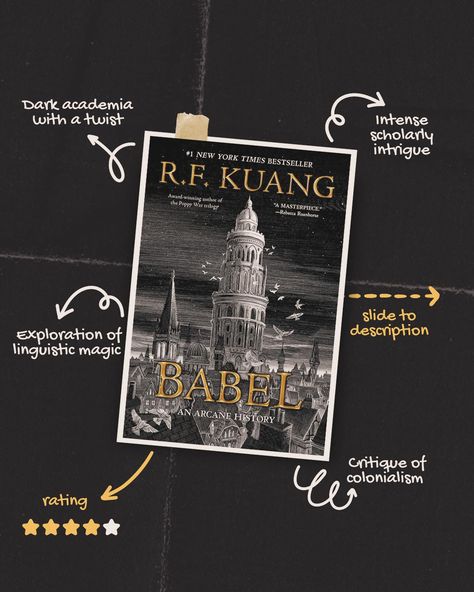 Delving into the world of ‘Babel’ by R.F. Kuang 🌟 Dark academia, linguistic magic, and a profound critique of colonialism all come together in this gripping tale.📖✨ #Bookstagram #Babel #RFKuang #DarkAcademia #FantasyBooks #bookreview Babel Rf Kuang Book Aesthetic, Babel R F Kuang, Babel Aesthetic, Babel Book, R F Kuang, Notion Inspo, World Of Books, What To Read, Come Together