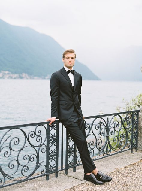 Villa Balbiano Wedding, Black Tuxedo Wedding, Groom Tuxedo Wedding, Portrait Men, Theodore Nott, Italian Wedding Venues, Groom Tux, Black Suit Wedding, Wedding Tux