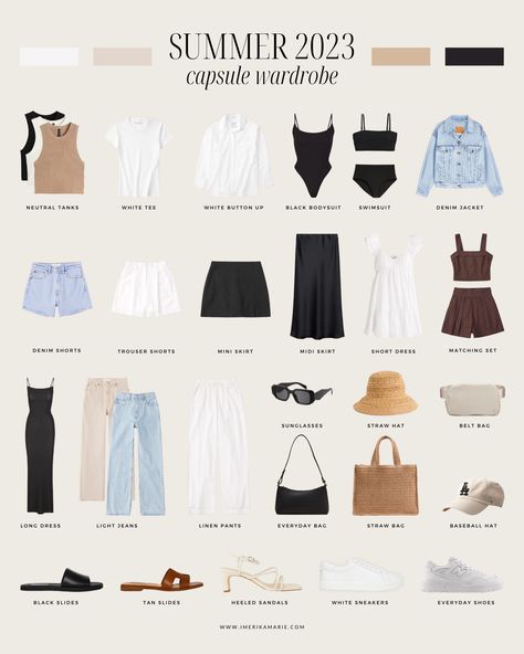 Summer 2023 Capsule Wardrobe + Outfit Ideas | Erika Marie Summer Commuter Outfit, Staple Wardrobe Bottoms, Travel Capsule Wardrobe Italy, Europe Wardrobe Summer, Los Angeles Capsule Wardrobe, Elevated Basics Outfit Summer, Edmonton Outfits, Summer Wardrobe Essentials 2024, Monochrome Summer Outfit Ideas