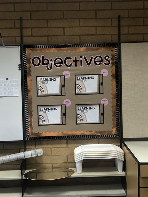 Boho themed dry erase objectives bulletin board Lesson Objectives Display, Display Standards In Classroom, Learning Objectives Bulletin Board, Objectives Board Elementary, Homework Bulletin Board, Objective Board Elementary, Bulletin Board Ideas 4th Grade, Functional Bulletin Boards, Modern Bulletin Board Ideas