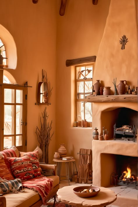 Santa Fe Homes Interiors, Santa Fe Living Room Southwest Style, Arizona Casita, Santa Fe Living Room, Southwest Decor Living Room, Rustic Mexican Home Decor, Hacienda Living Room, Southwestern Living Room Ideas, Santa Fe Style Decor