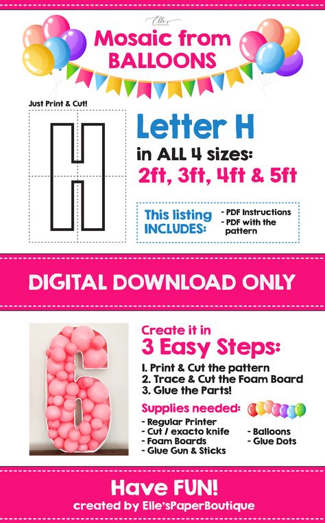 Mosaic Letters, Balloon Template, Foam Boards, Unique Decorations, Bold Fonts, Printed Pages, Glue Dots, Foam Board, For Your Party