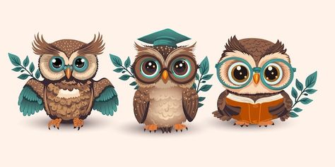 Cute cartoon owl in glasses set with a b... | Premium Vector #Freepik #vector #education-symbol #education #education-cartoon #cute-illustration Smart Student, Bird Funny, Cartoon Owl, Book Smart, Owl Cartoon, Teacher Student, Kids Collection, Cute Easy Drawings, Funny Animal