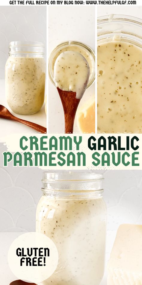 Try this easy garlic parmesan sauce for a variety of dishes! Use it as a garlic parmesan marinade, simple parmesan sauce for pasta, or even a garlic parm wing sauce. This butter garlic parmesan sauce is gluten-free, making it a great homemade option for pasta, vegetables, and more. | Gluten-Free Easy Meals | Family Dinner | Quick Meals | Easy Gluten-Free Recipes to Try | Clean Eating Recipes | Healthy Recipes | Food and Drink | Gluten Free Diet | Lunches and Dinners | Special Diet Parmesan Sauce For Pasta, Garlic Parm Wing Sauce, Chicken Broth Substitute, Parmesan Sauce Recipe, Diet Lunches, Parmesan Wing Sauce, Crockpot Gluten Free, Creamy Garlic Parmesan Sauce, Gluten Free Casserole