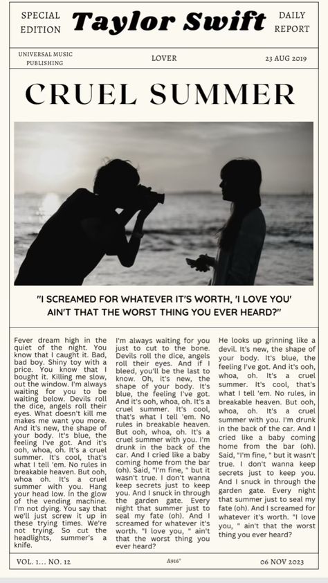 @shahriya21012 Taylor Swift Newspaper Aesthetic, Cruel Summer Quotes, Taylor Swift Lyric Poster Aesthetic, Taylor Swift Songs Poster, Taylor Swift Cruel Summer Wallpaper, Cruel Summer Taylor Swift Aesthetic, Taylor Swift Newspaper, Cruel Summer Poster, Cruel Summer Aesthetic